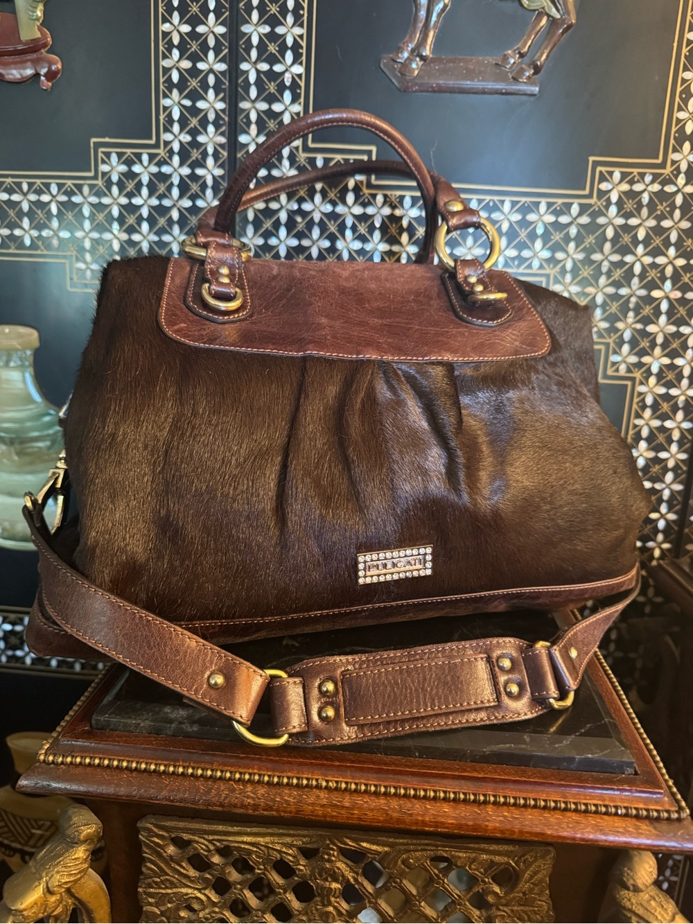 PULICATI Italy Large Brown
Genuine Cowhide Calf Hair Leather
Tote Handbag
